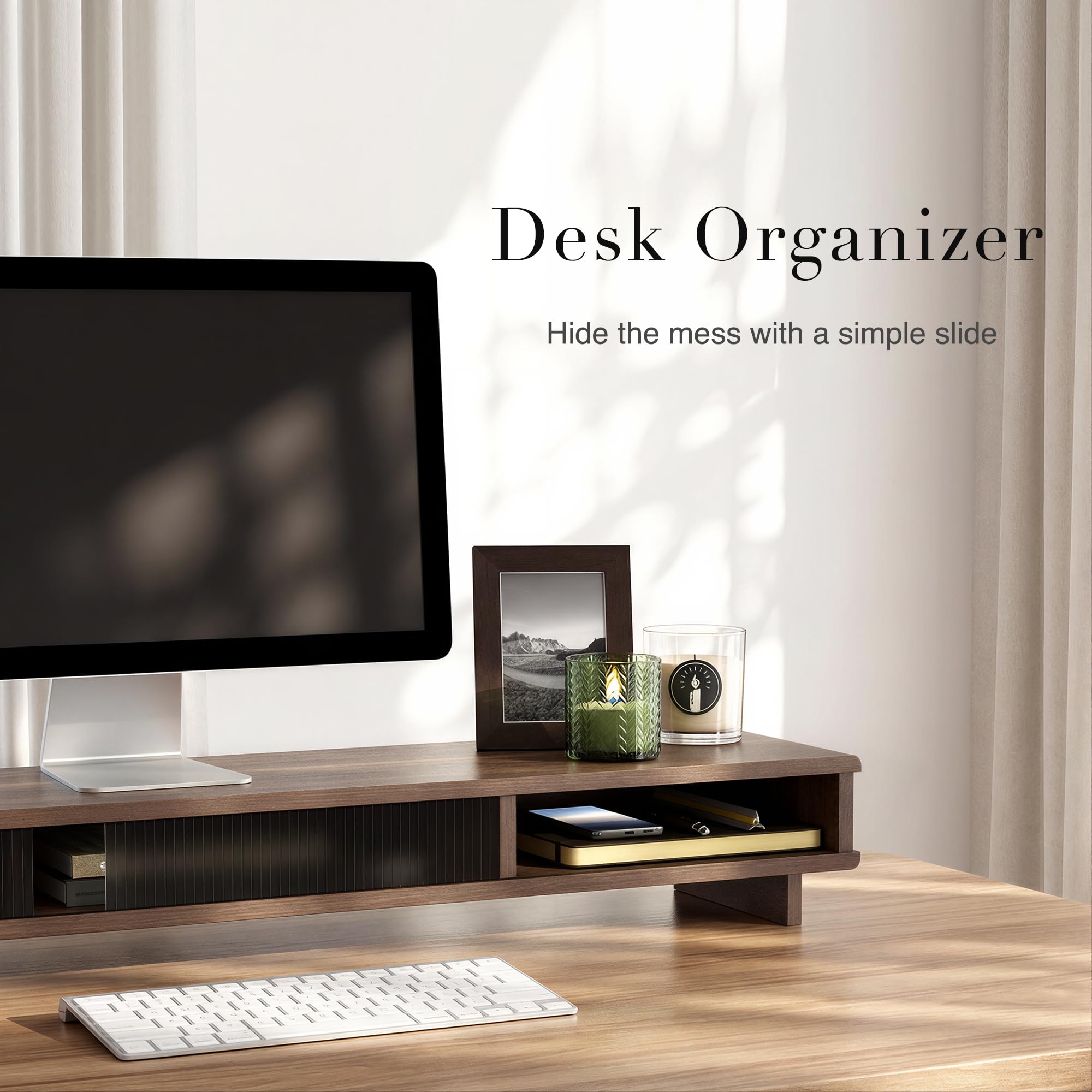 Wide Monitor Riser with Sliding Door Storage