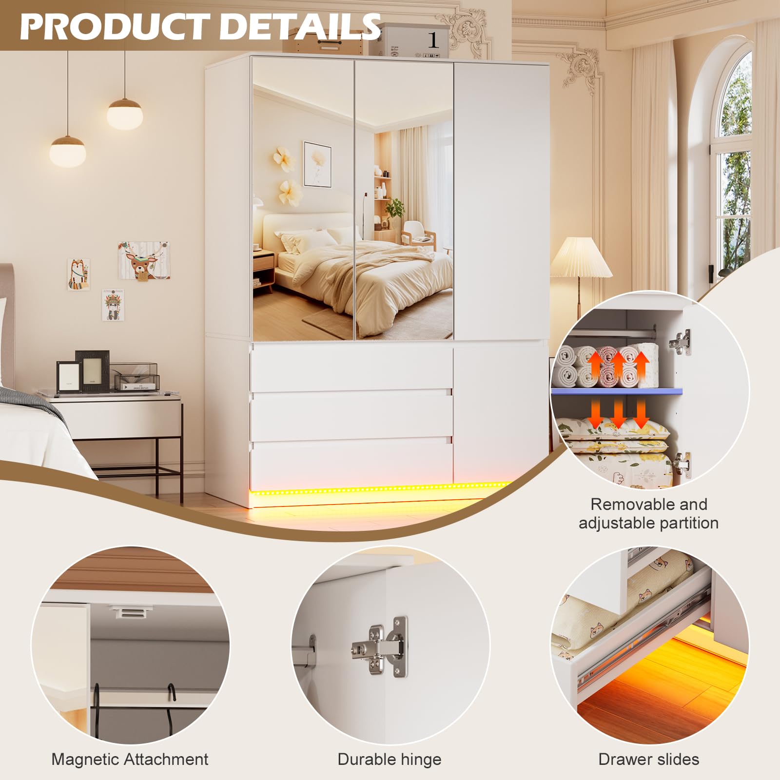 PAKASEPT 3 Doors Armoire Wardrobe Closet with Mirror & Lights, 72.83" H Wooden Bedroom Armoires with 3 Drawers, Hanging Rod & Shelves, Clothing Storage Cabinet for Bedroom