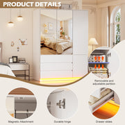 PAKASEPT 3 Doors Armoire Wardrobe Closet with Mirror & Lights, 72.83" H Wooden Bedroom Armoires with 3 Drawers, Hanging Rod & Shelves, Clothing Storage Cabinet for Bedroom