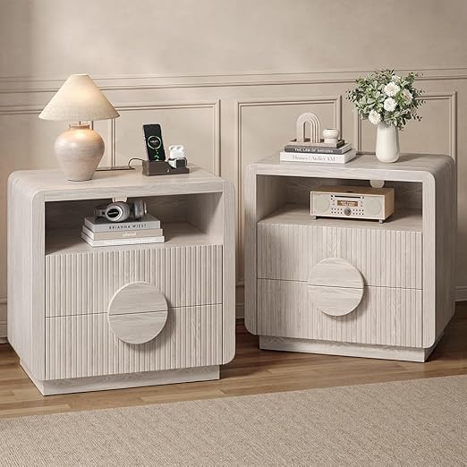 Fluted Nightstand with Charging Station & Storage