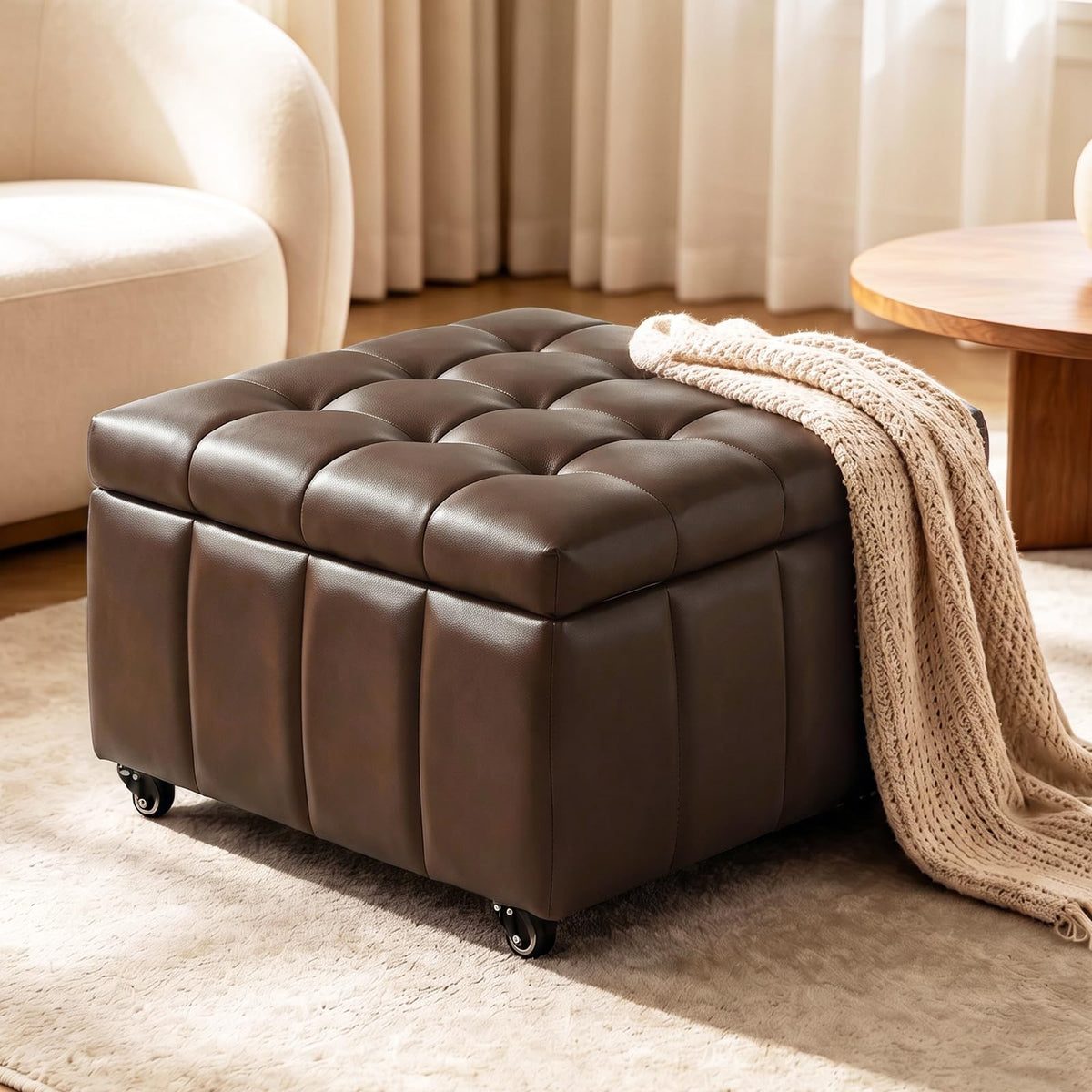 Faux Leather Rolling Storage Ottoman