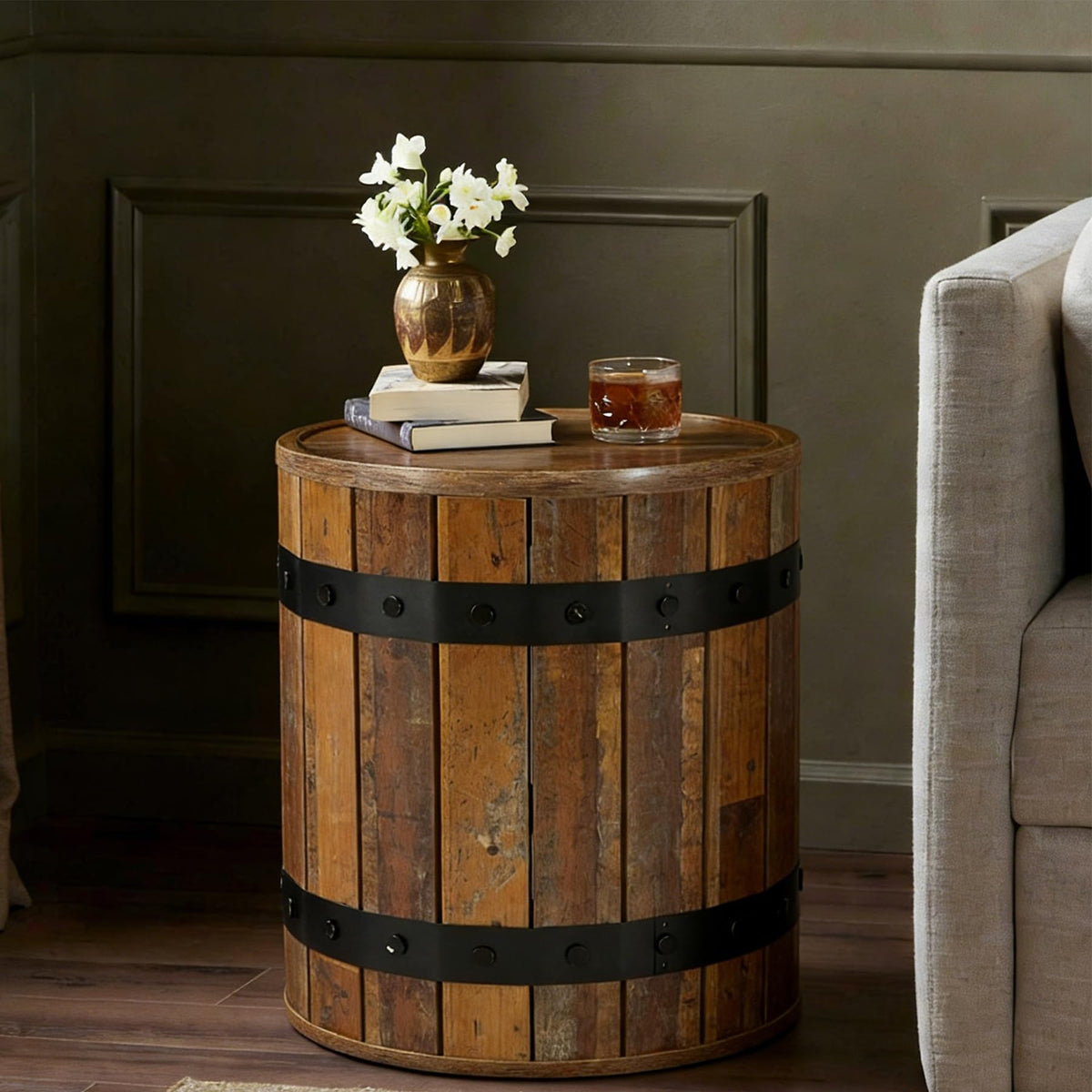 Rustic Barrel Storage Side Table
