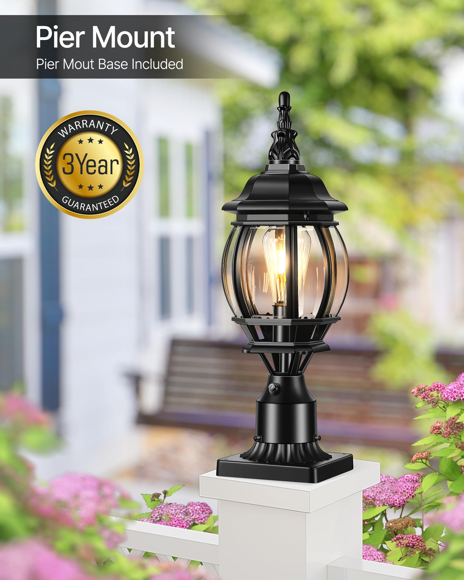VIANIS Hard Wired Dusk to Dawn Outdoor Post Lights, Modern Exterior Lamp Post Light Fixture with Pier Mount Base, Black Anti-Rust Waterproof Outdoor Pole Lights for Front Porch Patio, Garden, Pathway