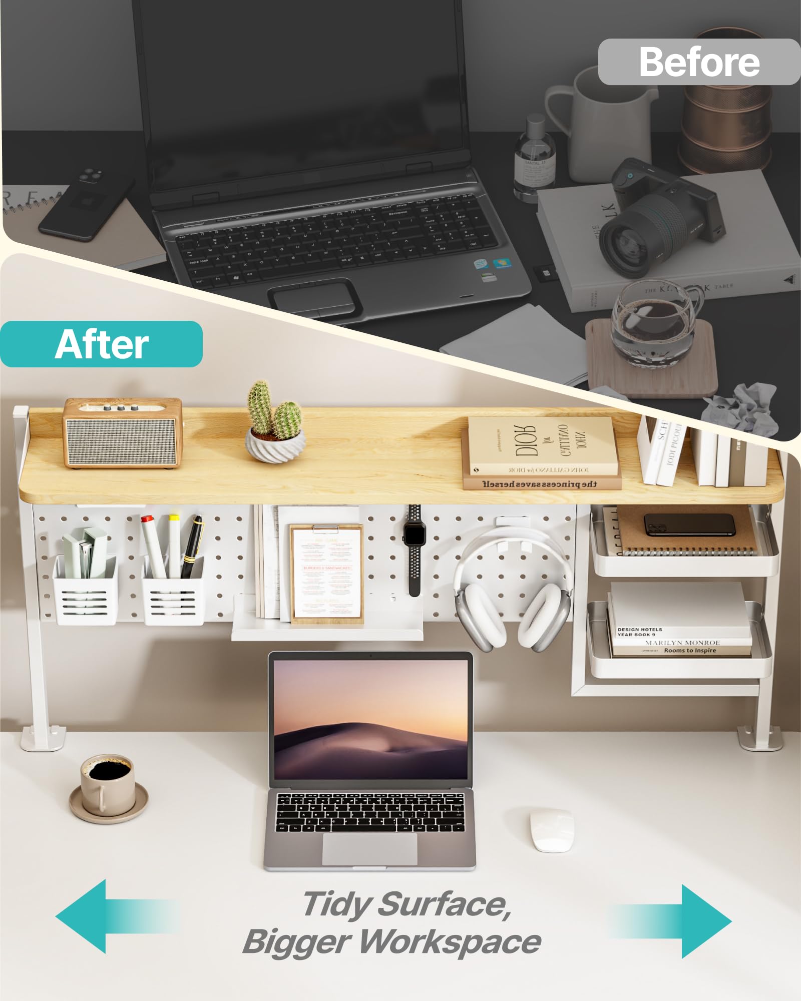 Clamp-On Desk Shelf with Pegboard & 2-Tier Organizer