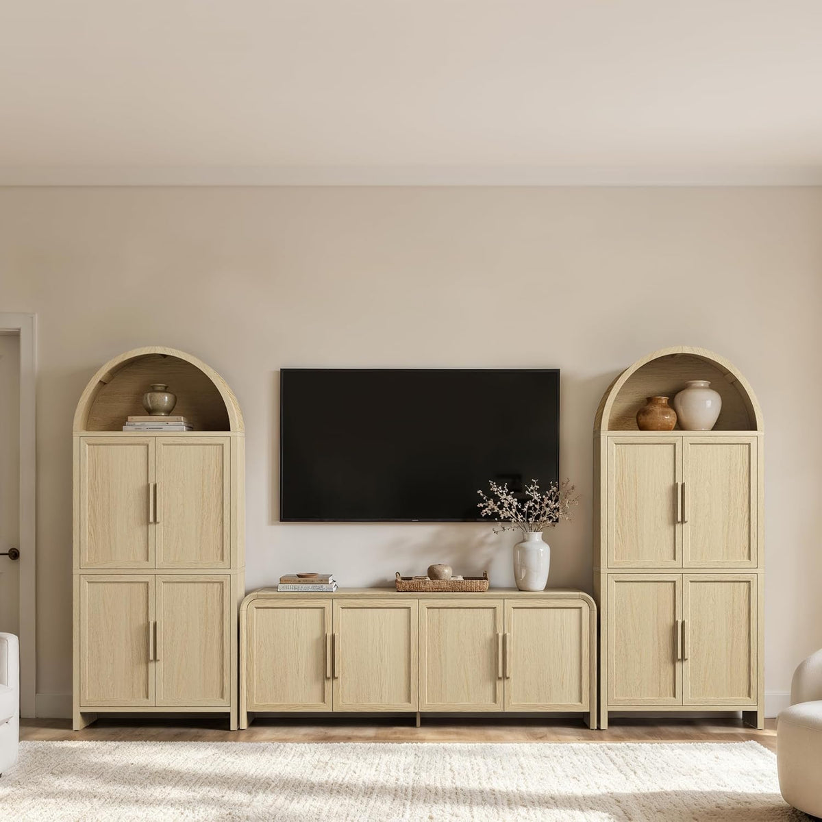 Orvesino 65" Mid Century Modern TV Stand with Storage for 75" TV, Curved Edges Thicker Wood TV Consoles with 4 Doors,Cable Management, Entertainment Center for Living Room/Bedroom,Light Oak
