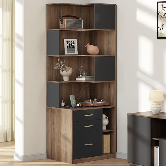 Corner Bookshelf with Drawers & Charging Ports