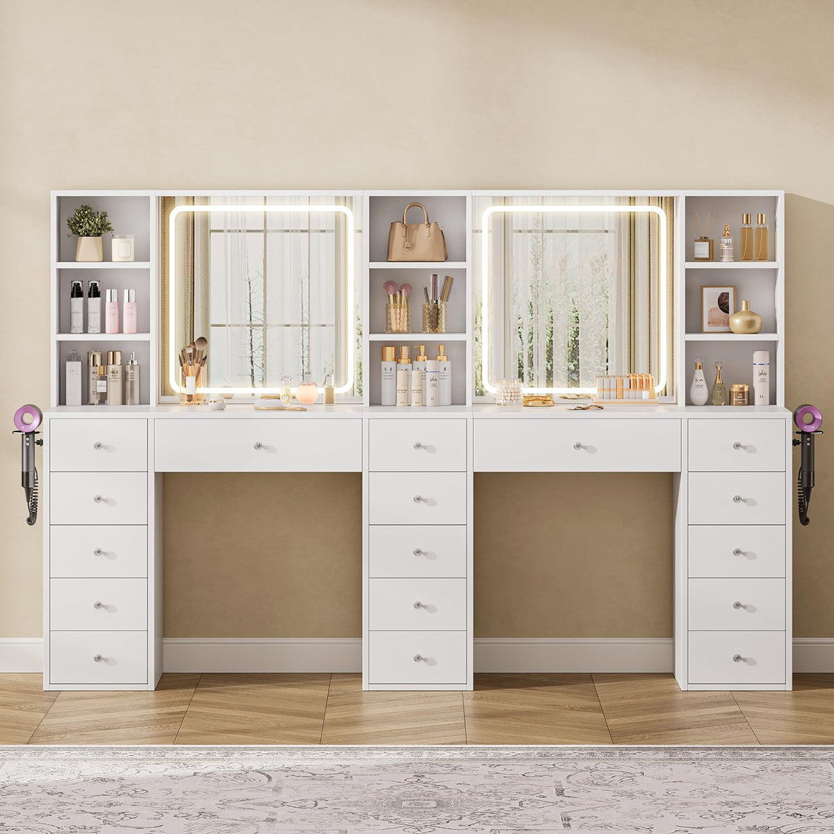 2 Person Vanity Desk with Mirror and Lights, Power Outlet, White