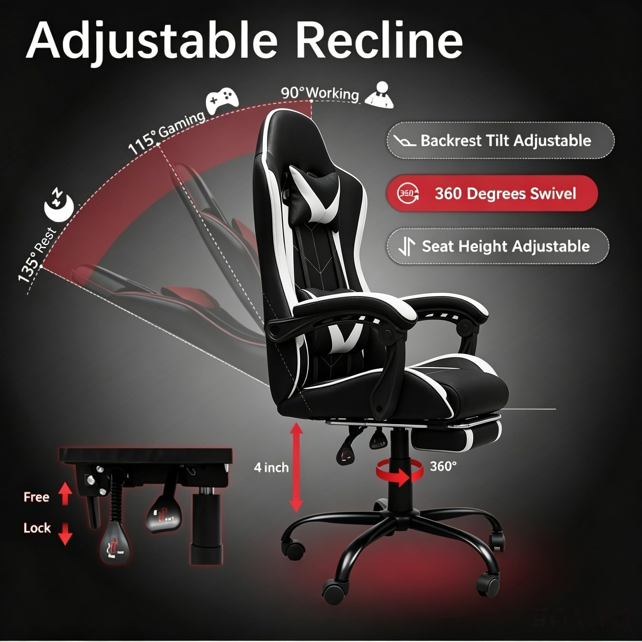Frovlni Gaming Chair, Ergonomic Computer Chair with Footrest and Lumbar Support, Height Adjustable Video Game Chair with 360° Swivel Seat and Headrest for Office, Home, Streaming and Gaming (White)