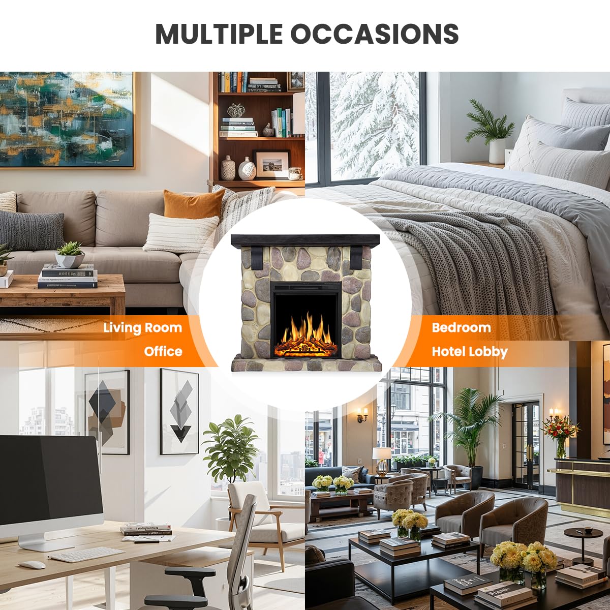 Electactic 50" Electric Fireplace TV Stand with Faux Stone Mantel, Round