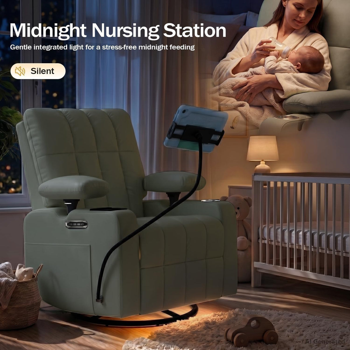 Power Glider Recliner Nursery w/ Adjustable Armrest Lumbar Headrest