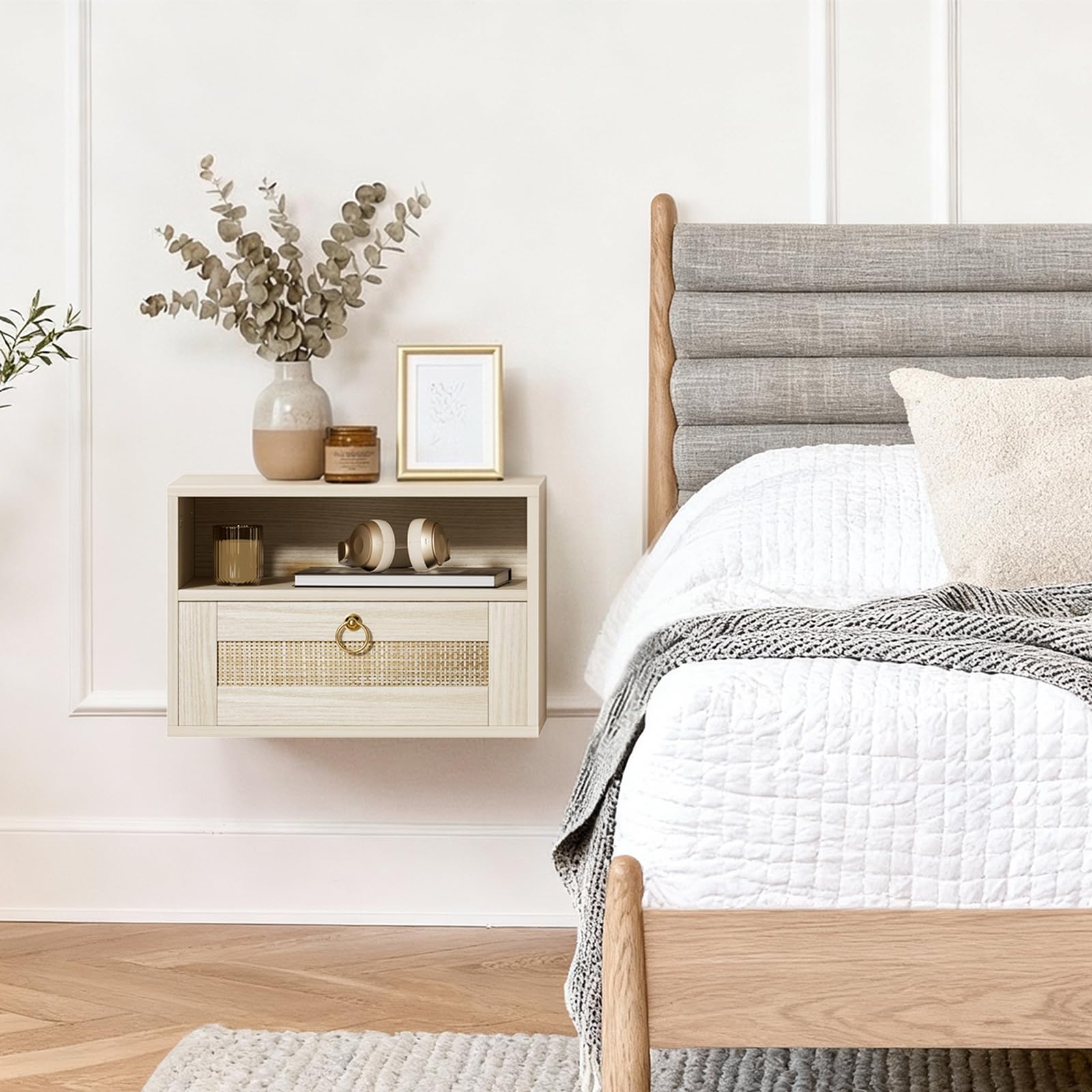 IGERI Floating Nightstand Set of 2 with Drawer for Wall Mounted Hanging Rattan Night Stand Bed Side Tables Wooden End Table Small Boho Dressers for Bedroom Farmhouse Shelves with Drawers