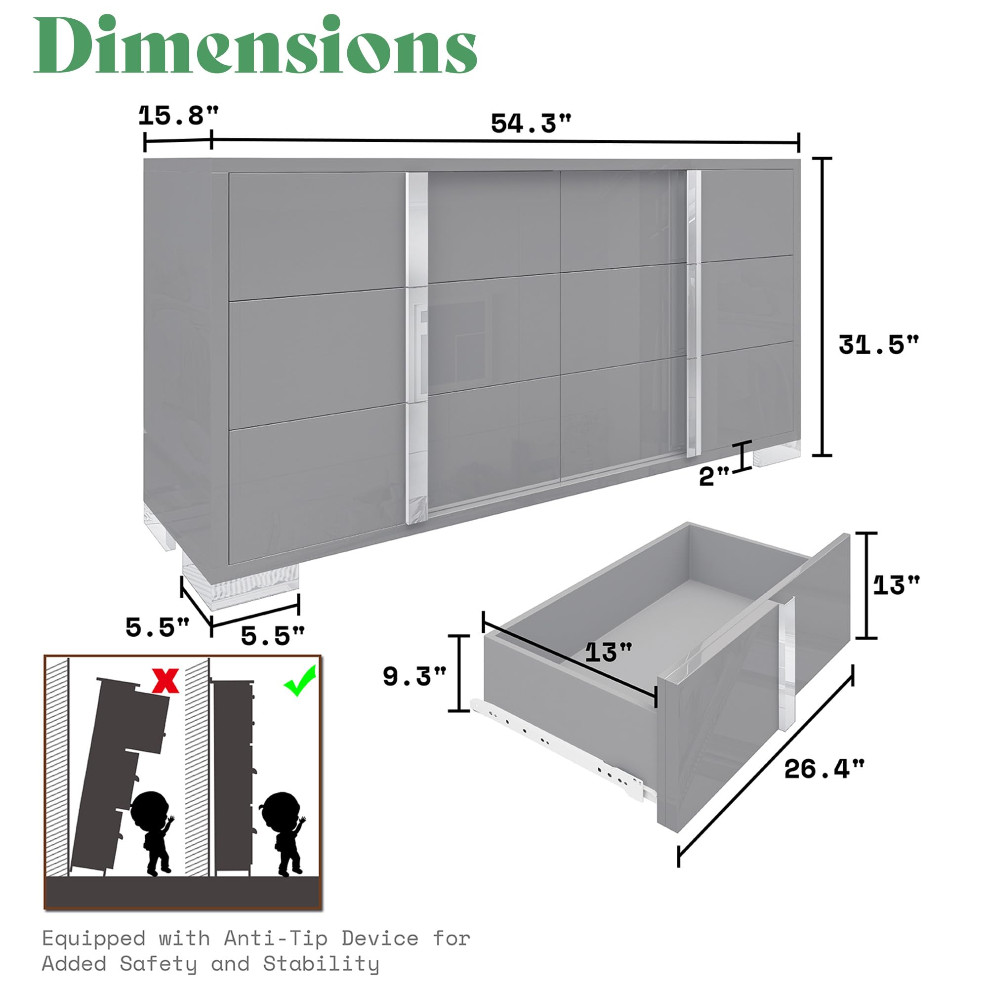 3-Piece Bedroom Dresser Set with Nightstands – Grey