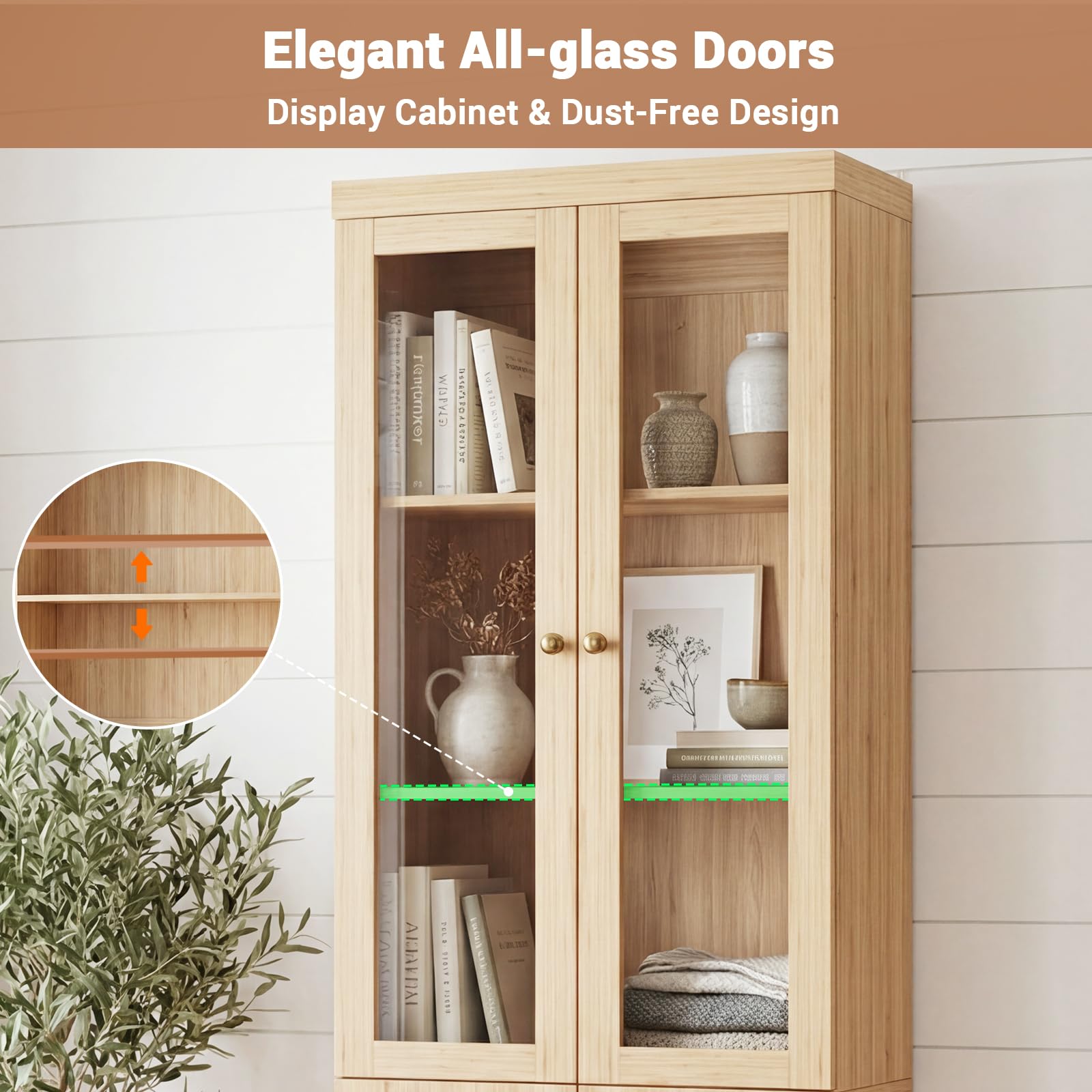 Cyclysio Kitchen Pantry Cabinet, 80" Wood Pantry Storage Cabinet with Doors and Adjustable Shelves, Kitchen Cabinet with Thickened Top Panel, Tall Cabinet for Livingroom, Pantry, Bathroom, Natural