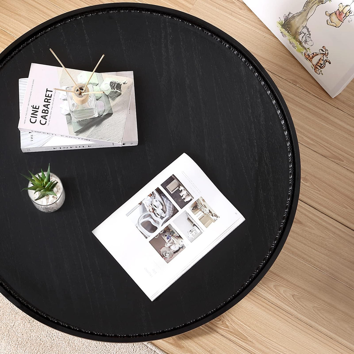 Wnutrees Farmhouse Round Coffee Table, Wood Tray Top with Storage Shelf