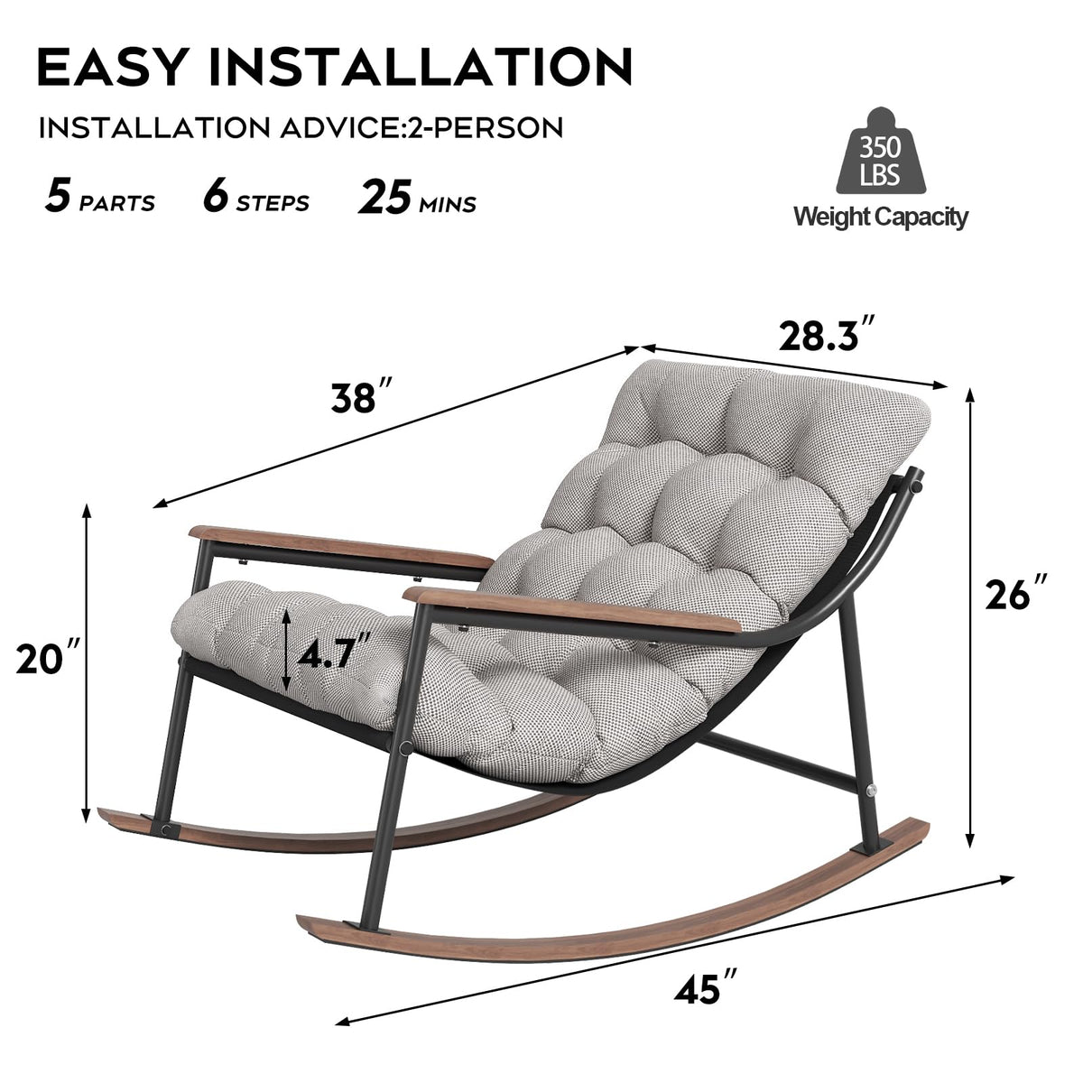 LUTINLIX Papasan Rocking Chair with Armrest Outdoor Indoor,Heavy Duty Metal Outdoor Rocking Chair with Cushion,All-Weather Patio Lounge Chair for Balcony,Garden,Living Room (1pcs)