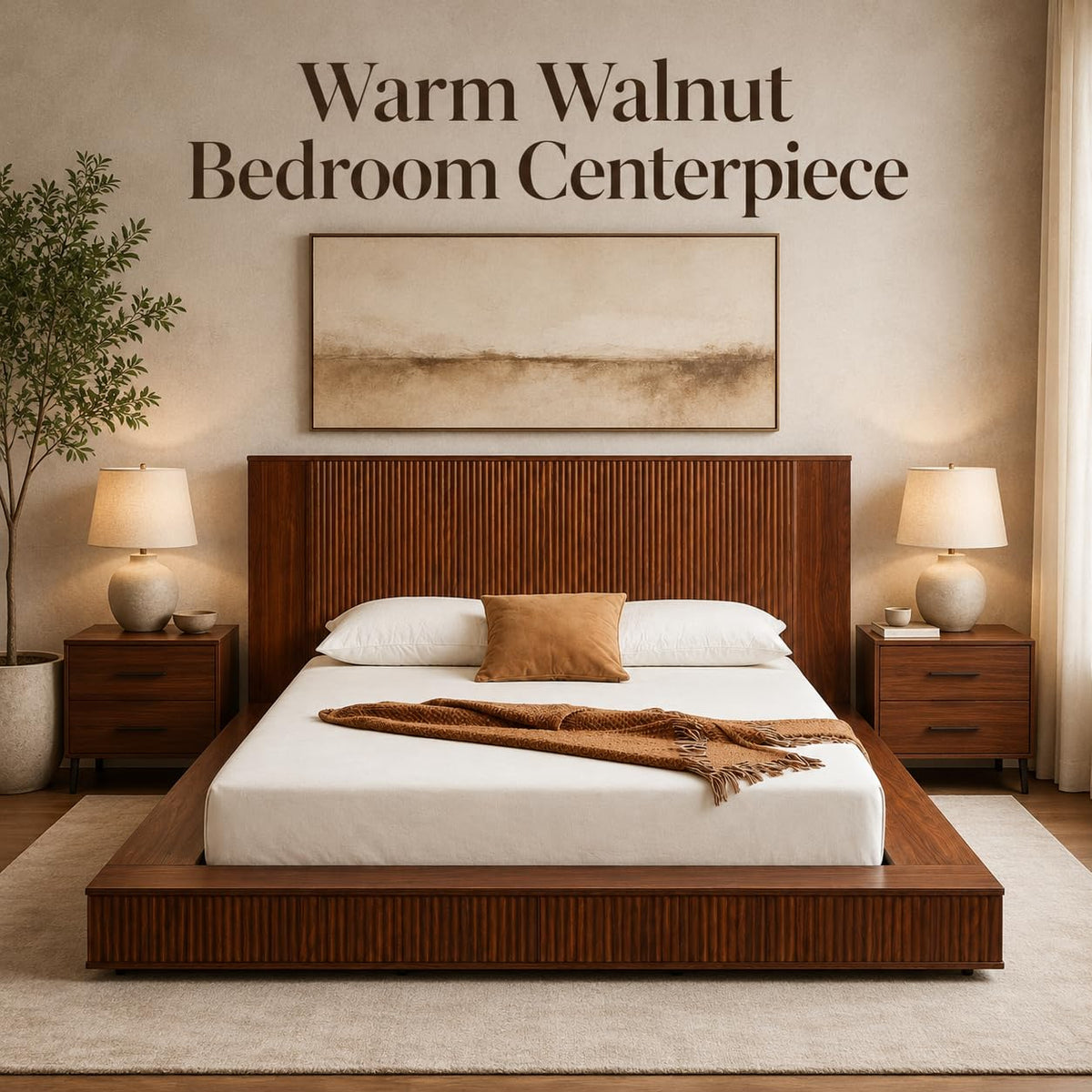 Low Profile Queen Platform Bed Frame with Vertical Fluted Headboard (Queen)