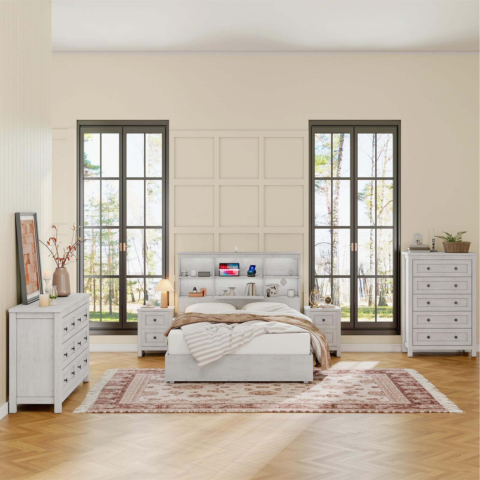 4-Piece Farmhouse Bedroom Set with Charging Nightstands