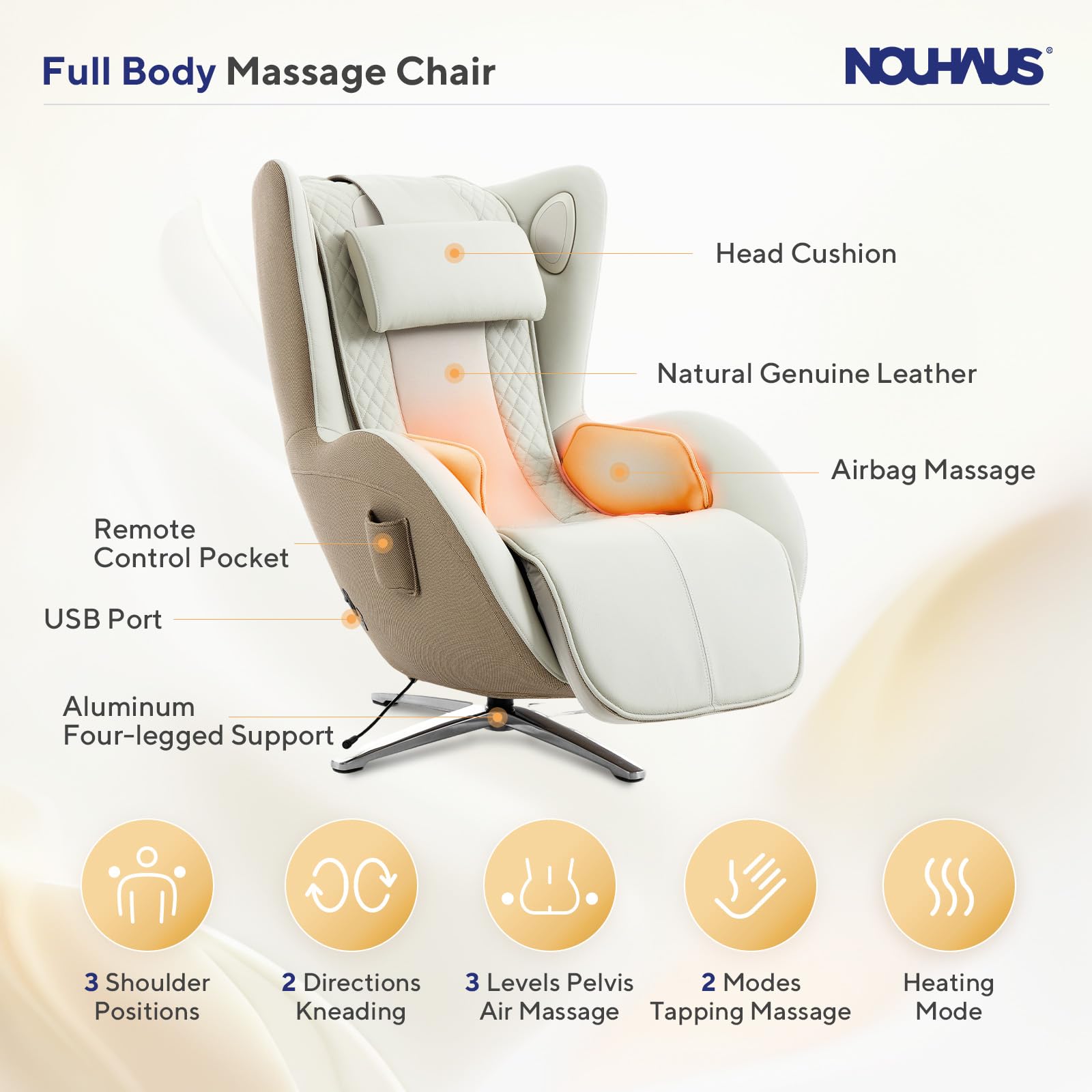 Nouhaus Aurora Massage Chair Full Body, Zero Gravity Genuine Leather Massage Chairs w/Airbags, Heating, Auto Modes, Bluetooth Speaker, Modern 4D Massage Chair Recliner for Living Room (Elder White)
