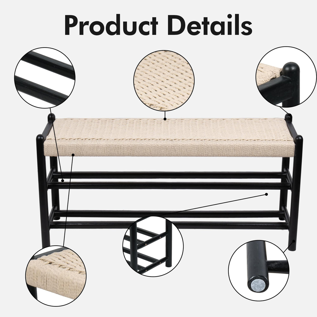 Solid Wood Woven Seat Storage Bench