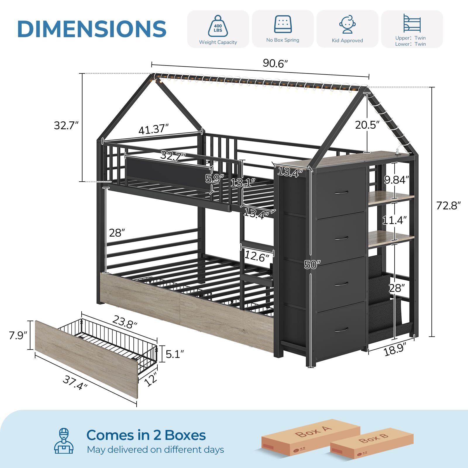 House-Shaped Twin Bunk Bed with Storage Drawers & String Lights
