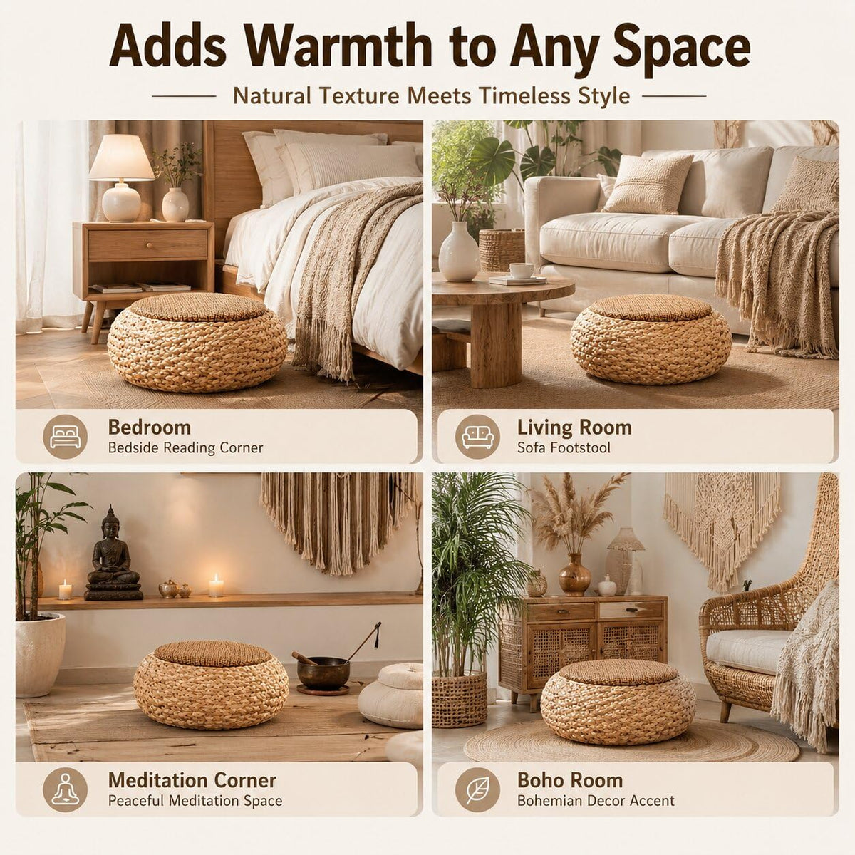 Aringceton Japanese Zen Rattan Floor Cushion, Handwoven Tatami Pouf