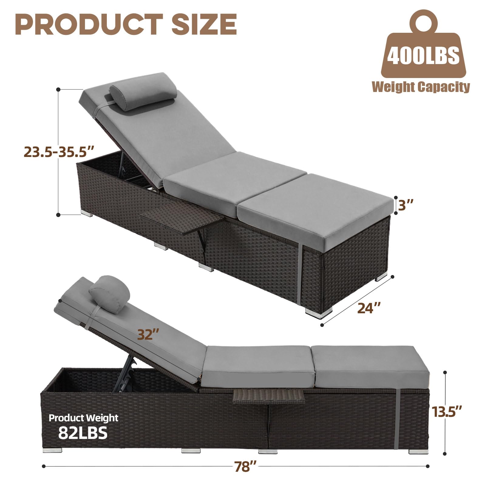 Outdoor Reclining Chaise Lounge Set of 2 with Cushion & Side Tray