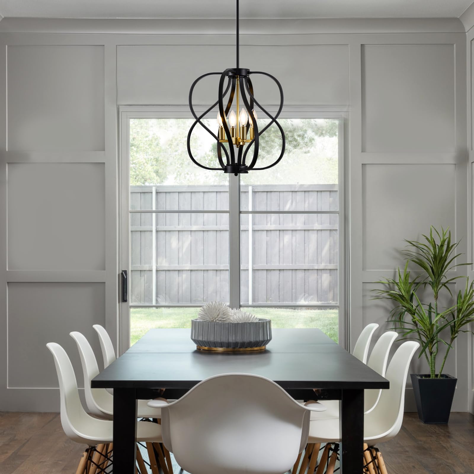 Black and Gold Chandelier Light Fixture, 18" Modern Farmhouse Industrial Chandelier, 4-Light Sphere Geometric Hanging Pendant Light Fixture for Dining Room Entryway Hallway Living Room Kitchen Island