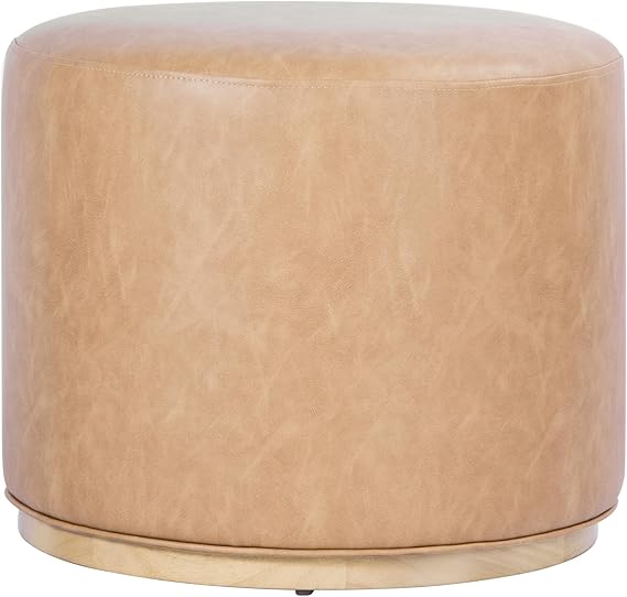 Round Bouclé Ottoman with Wooden Base