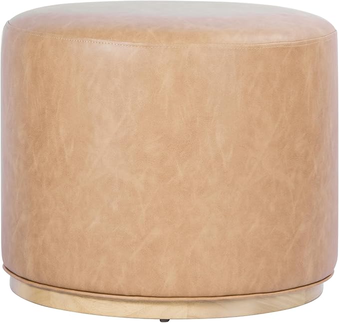Round Upholstered Ottoman with Wood Base