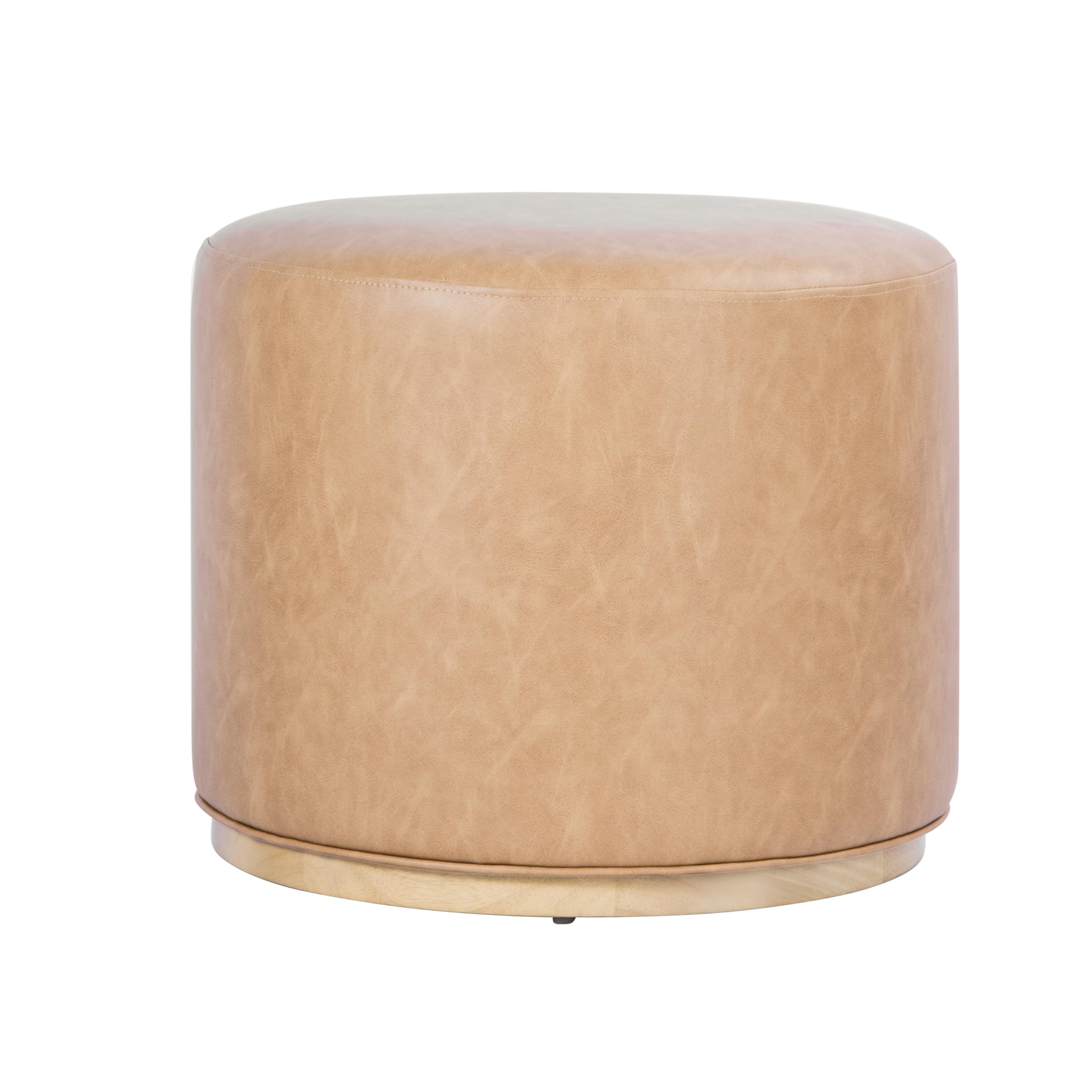 Spatial Order Faux Leather Ottoman with Wooden Base – 22” Round Upholstered Footrest, Sand Faux Leather, Modern Accent Stool for Living Room & Bedroom