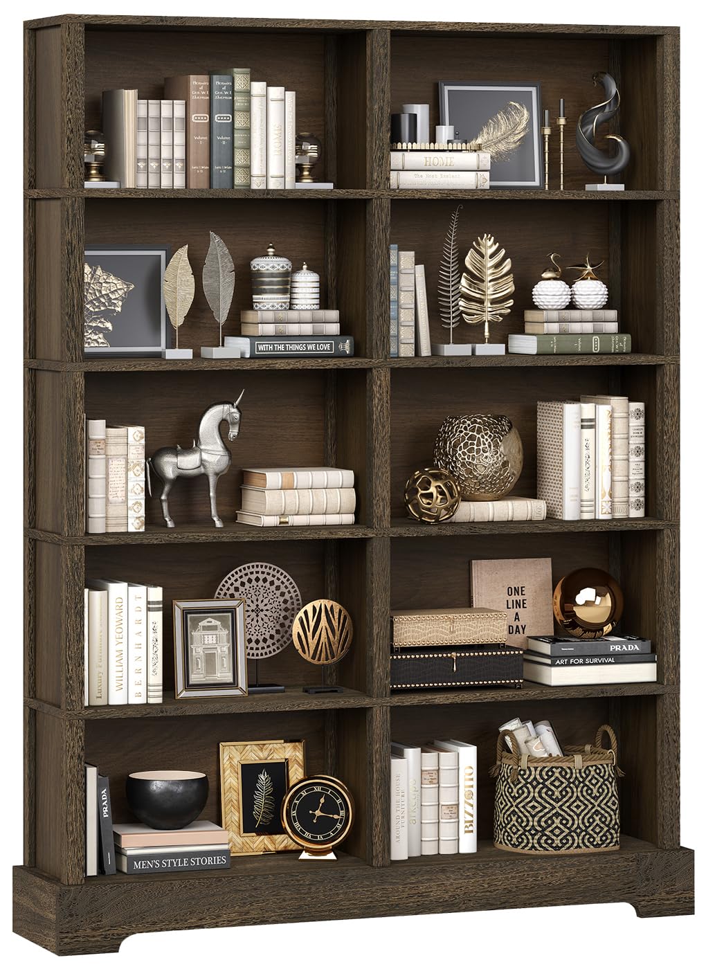 TVU 5-Tier Wood Book Shelf, 47" Wide Large Bookcase and Bookshelf, 64" Tall Bookcase with Storage, Freestanding Wood Display Book Shelves for Living Room, Home Office, Walnut