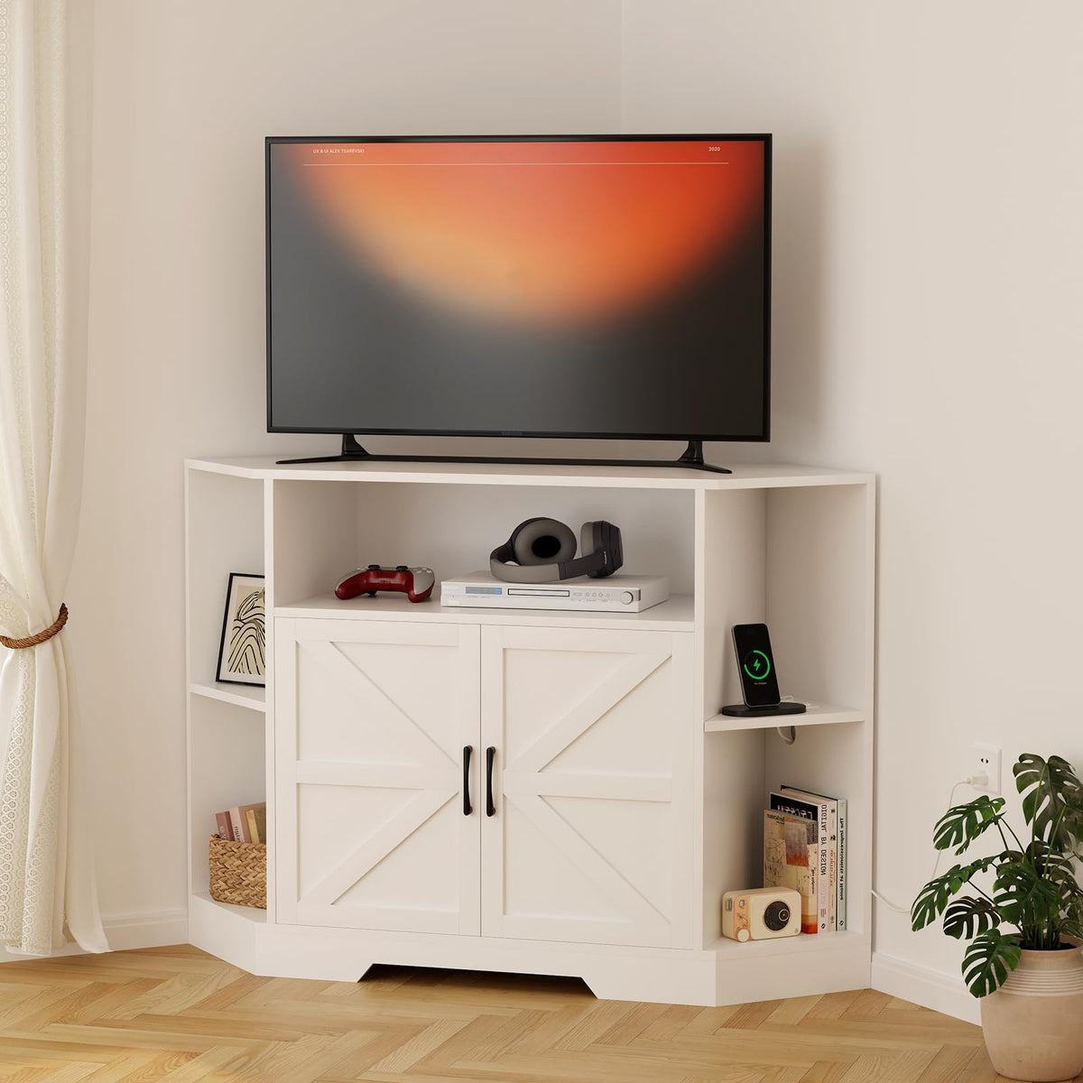 Garvee Corner TV Stand for TVs Up to 55 Inch with Power Outlet & Barn Doors