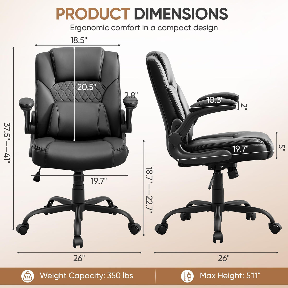EGSEAT Home Office Chair with Lumbar Support, 5" Thickened Seat, Small PU Leather Rocking Desk Chair, Comfy Computer Chairs with Rolling Wheels & Adjustable Armrests for Adults, Black