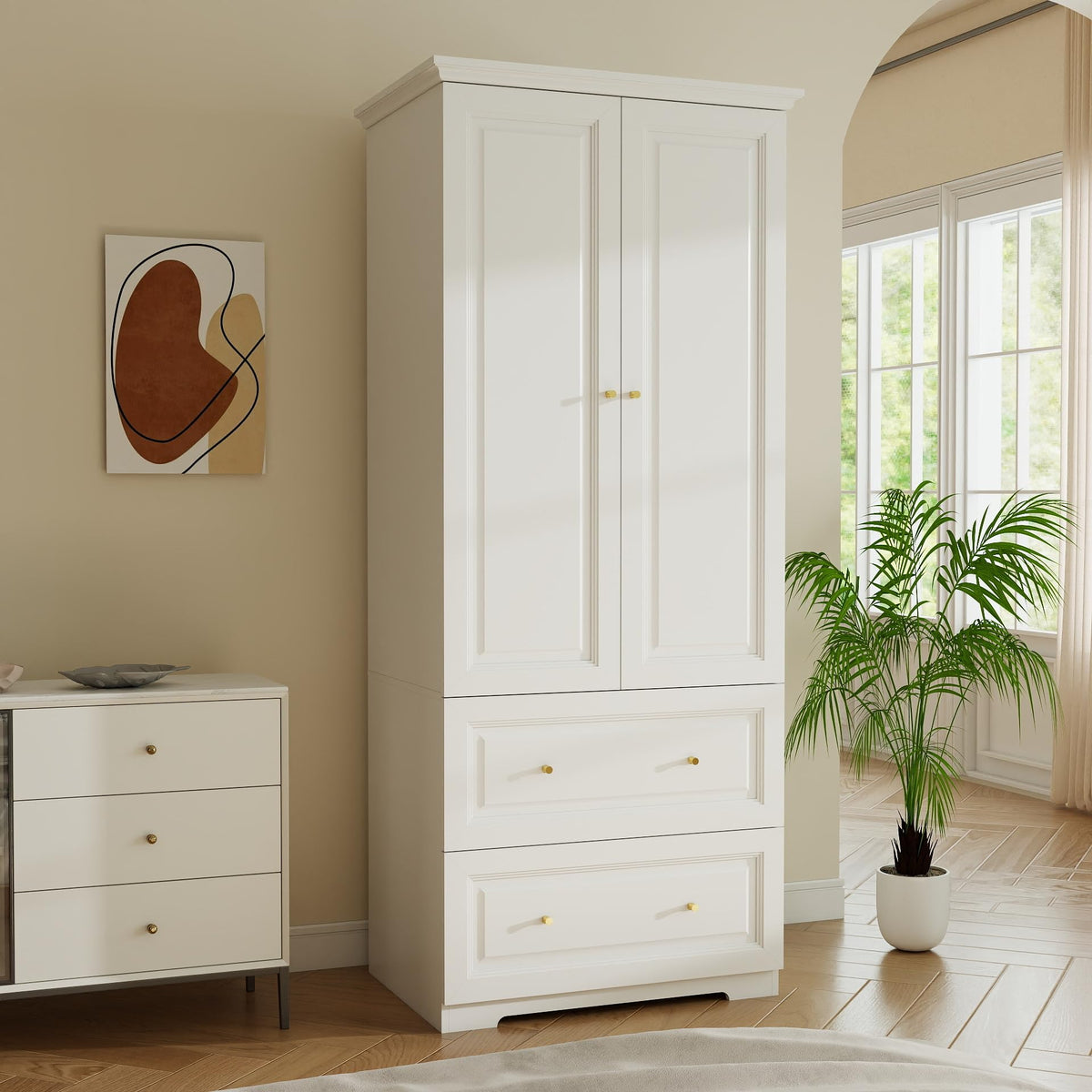 White Fluted Wardrobe with Drawers
