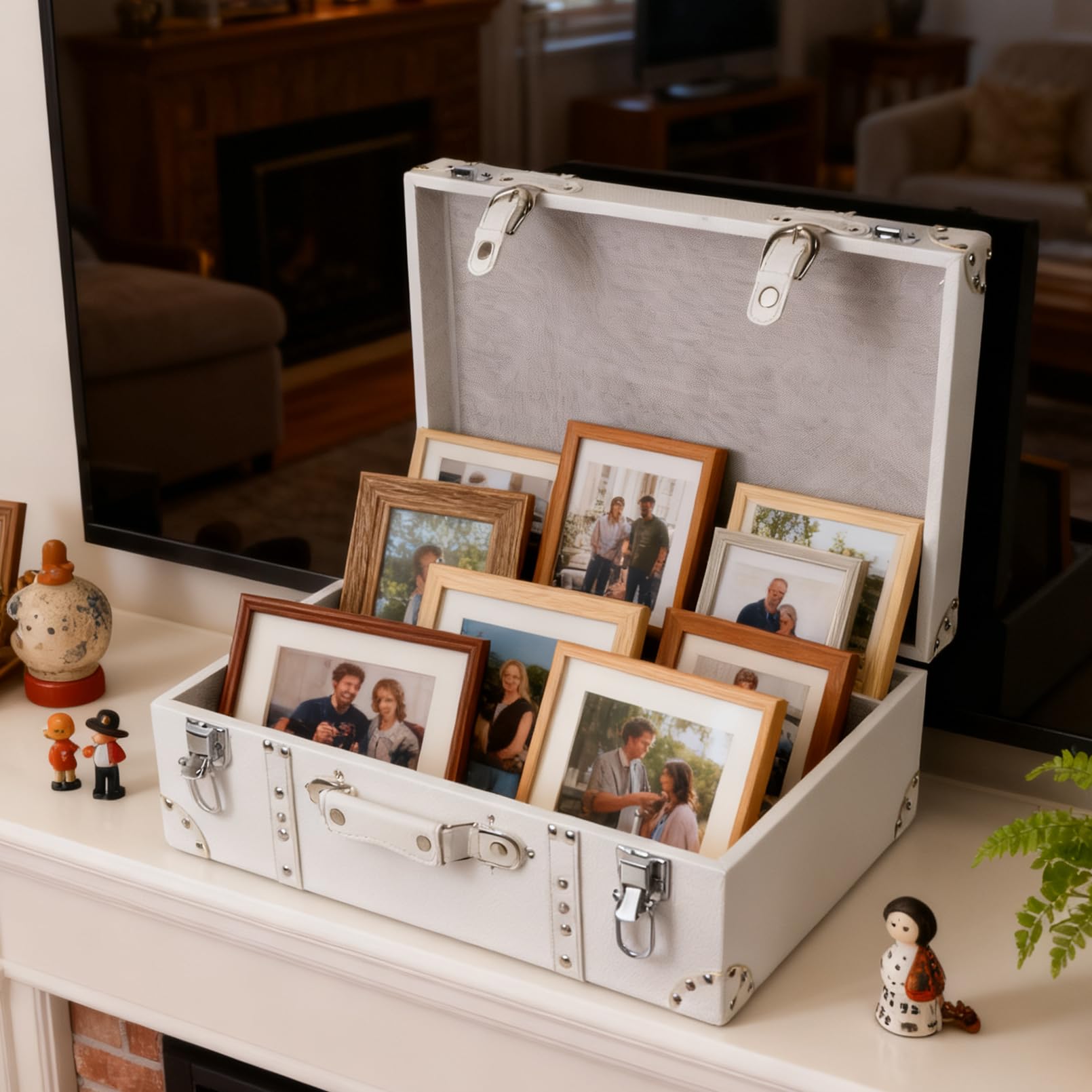 Vintage Wooden Treasure Chest with White Leather