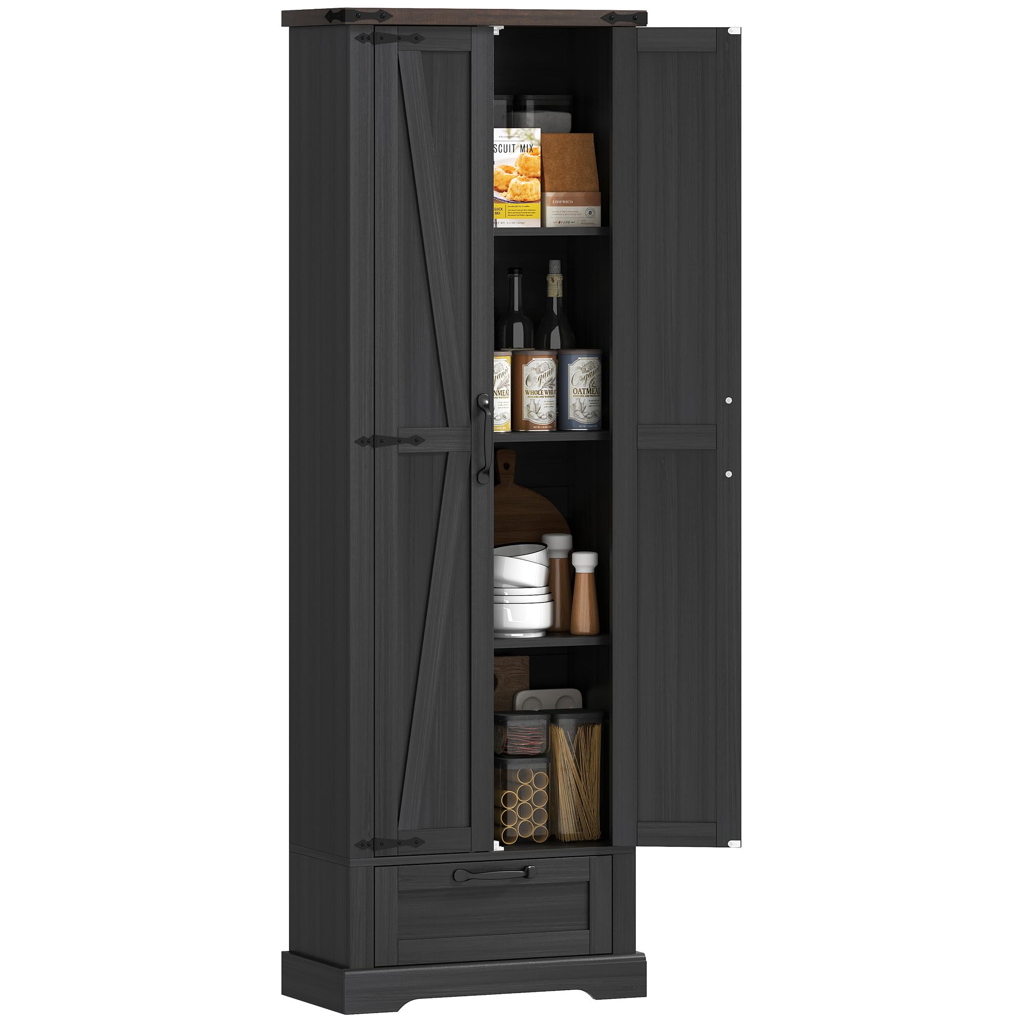 HOMCOM 71" Tall Kitchen Pantry, Farmhouse Storage Cabinet with Barn Doors, Drawer and Adjustable Shelves, Freestanding Food Pantry Cabinet for Kitchen, Dining Room, Black