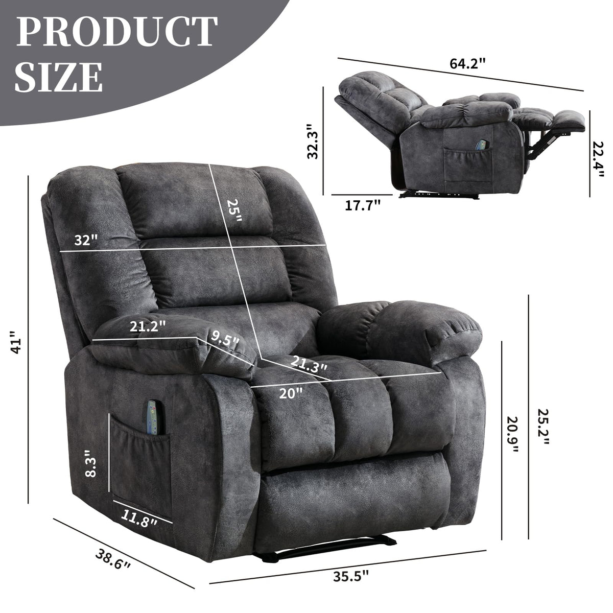 CANMOV Massage Recliner Chair with Timer Heating and Massage, Ergonomic Overstuffed Breathable Fabric Reclining Chair, Single Sofa with Side Pockets for Living Room Home Theater (D-Gray)