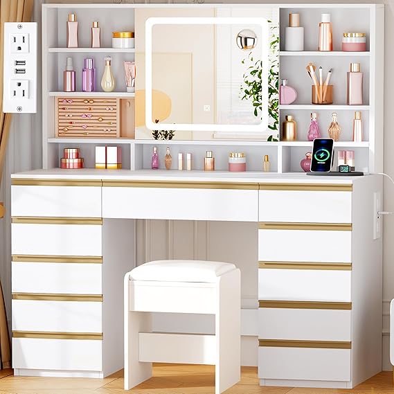 Vanity Desk with Sliding Mirror & Lights
