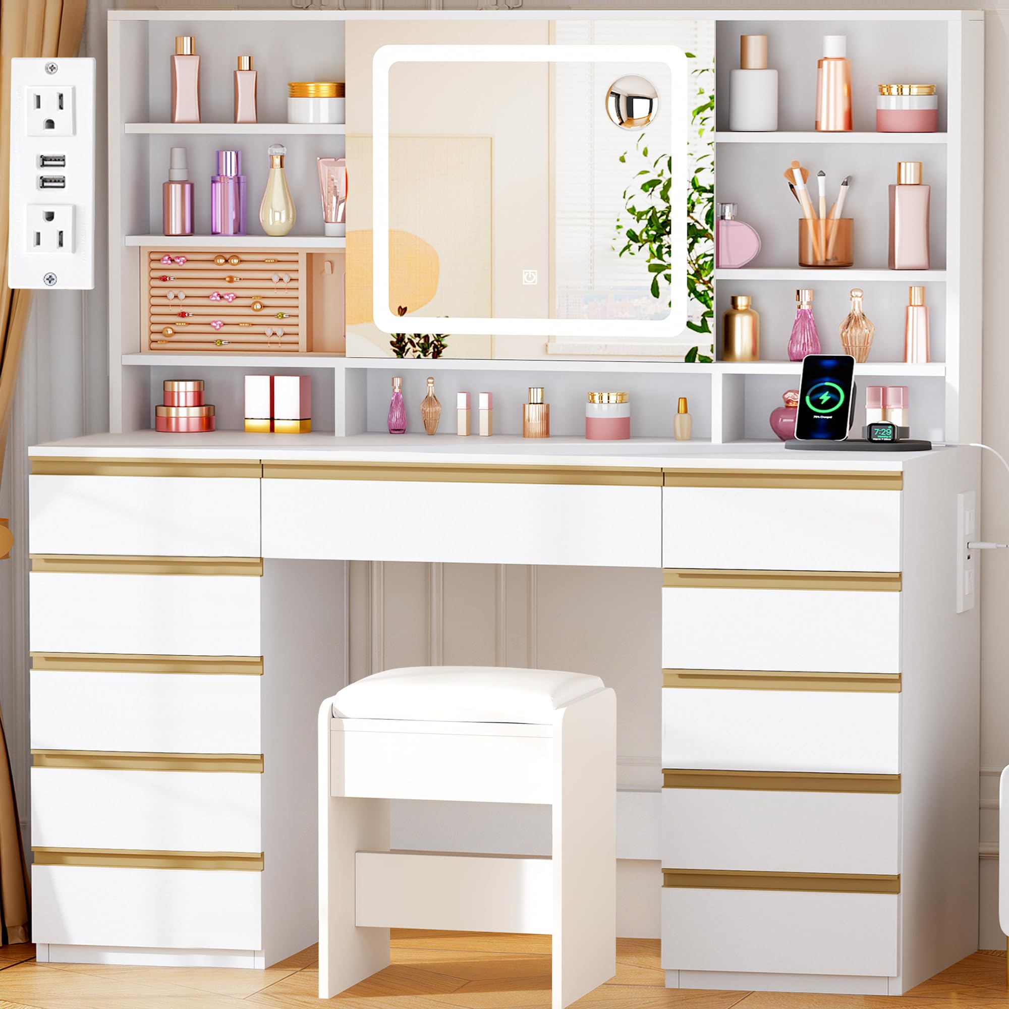 Lighted Vanity Desk with Sliding Mirror, 11 Drawers & Stool