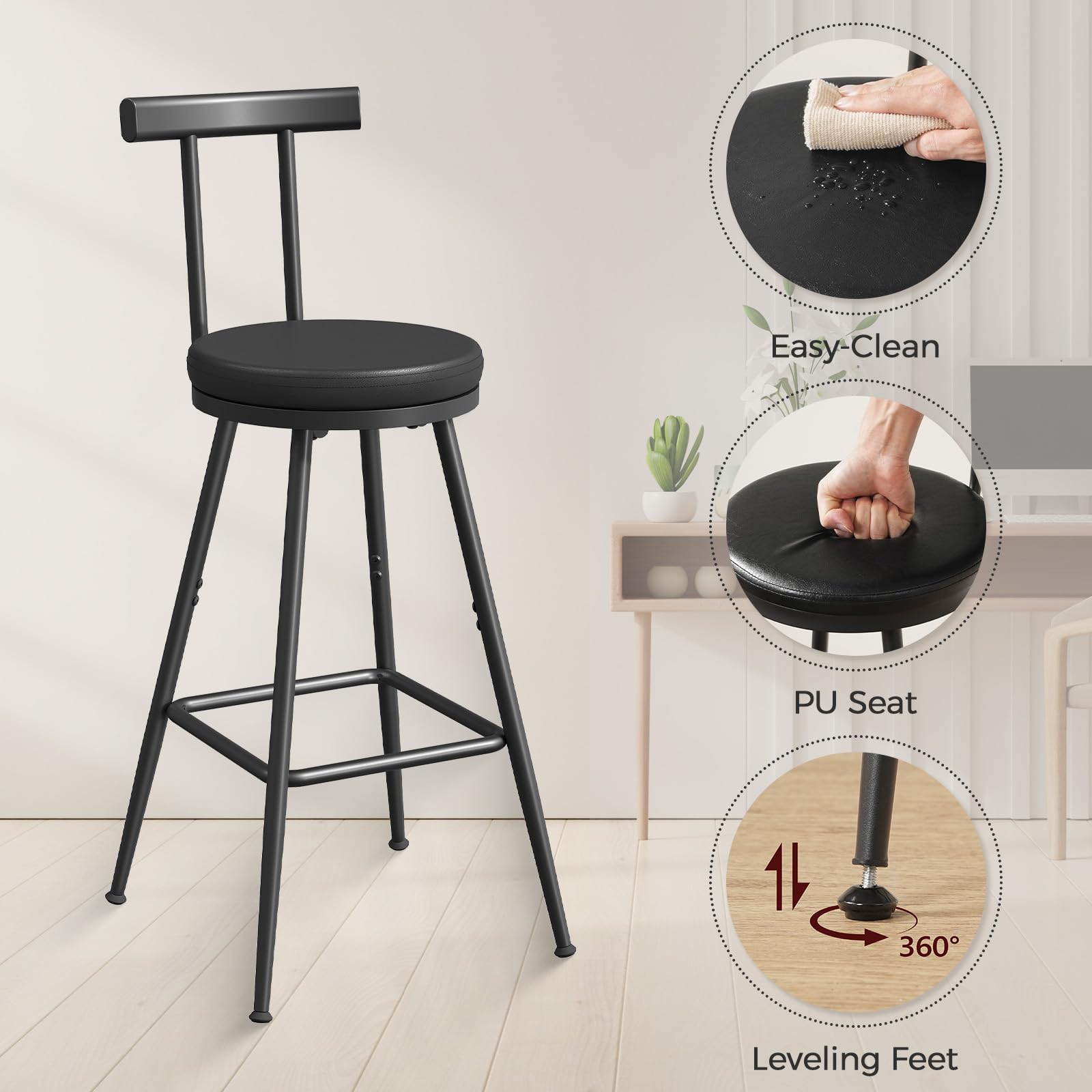 Black PU Bar Stools with Backrest & Footrest, Set of 2