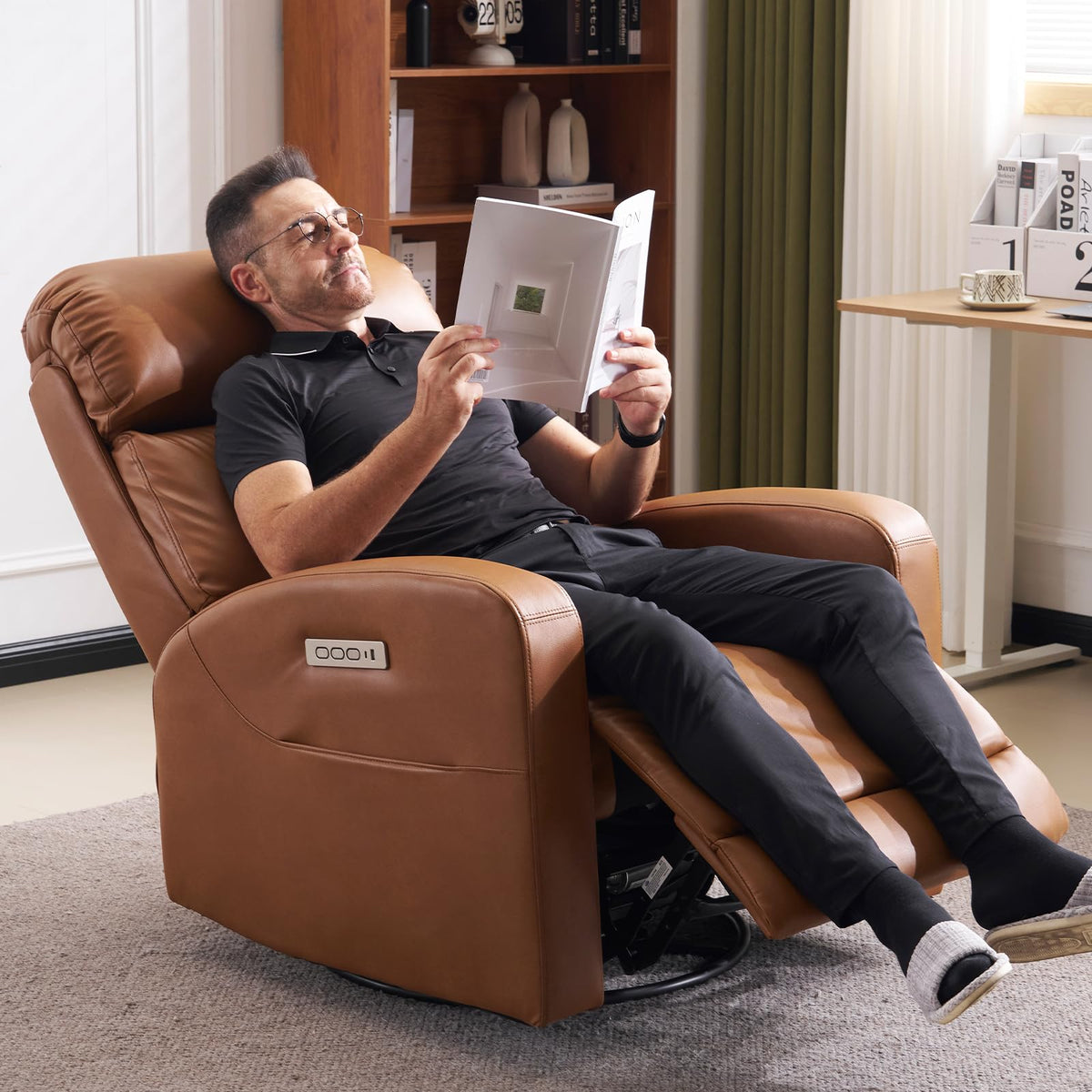 Lynkron Breathable Air Leather Power Swivel Rocker Recliner, 2-Zone Electric Adjustment (Headrest Independent, Back & Footrest Linked), 270° Swivel, 8-Mode Massage & Heat, USB/Type-C, Side Pocket