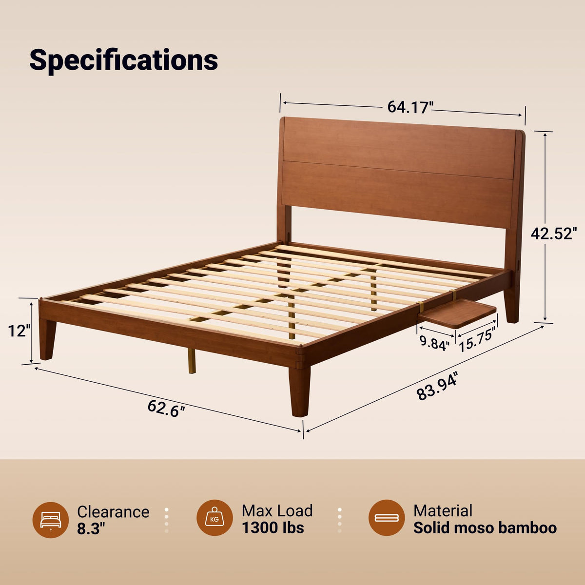 Oltrenest Bamboo Japanese Joinery Bed Frame with Headboard
