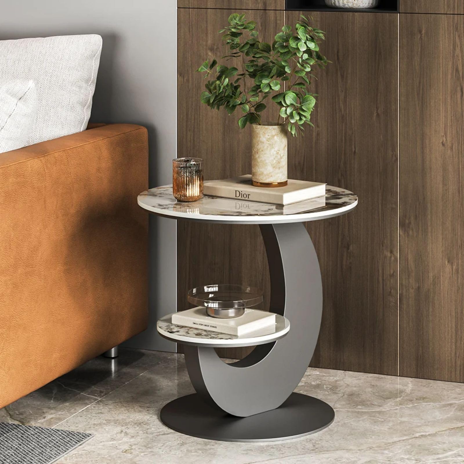 LOVEDIMA Modern Round End Table Faux Marble 2 Tiers Accent Side Table with Storage Shelf Snack Table Sofa Table for Couch Living Room (White & Gray)