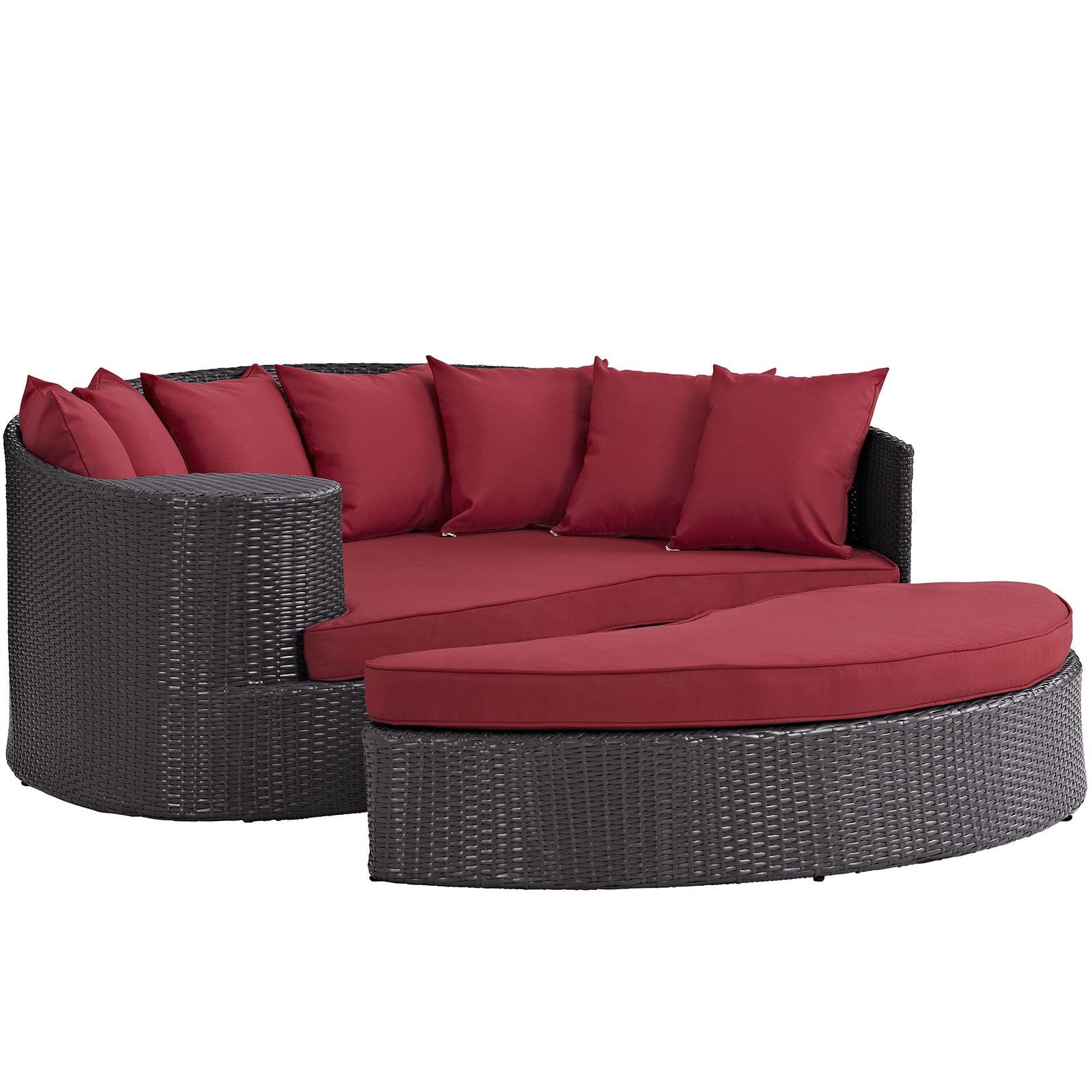 BOWERY HILL Aluminum and Rattan Patio Daybed, Espresso Frame with Red Cushions, 28.5" H x 71" W x 76" D, Outdoor UV/Water Resistant Lounge Sofa for Patio, Backyard, Poolside Use