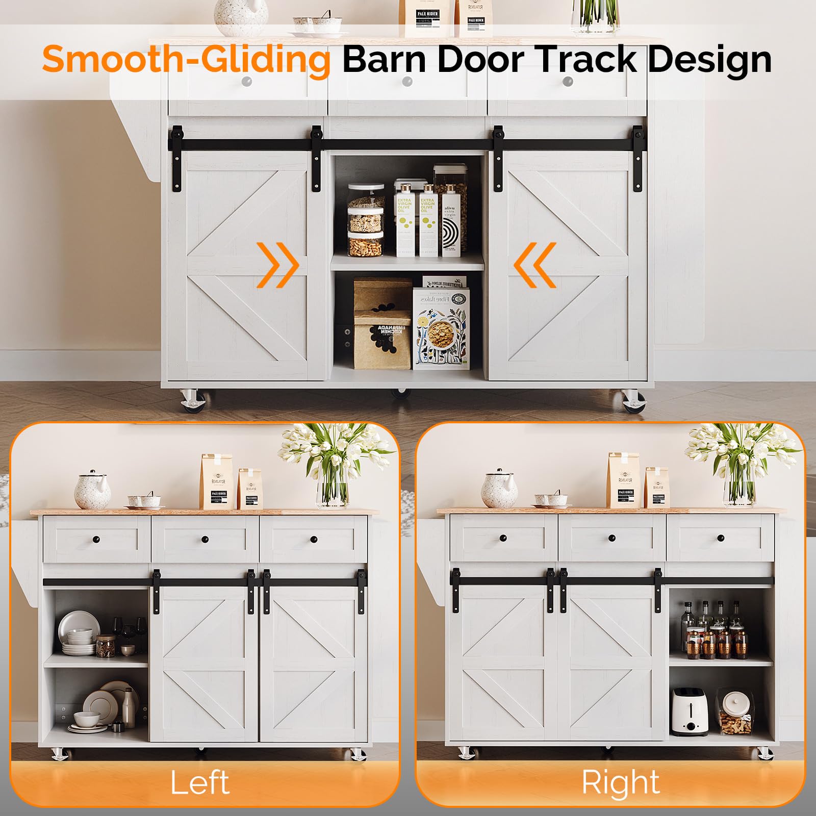 VINGLI Kitchen Island with Storage, 52" Rolling Kitchen Cart with 3 Drawers & Shelves, Drop Leaf Design, Mobile Island with Barn Sliding Doors, Towel & Spice Rack for Kitchen & Dining, White