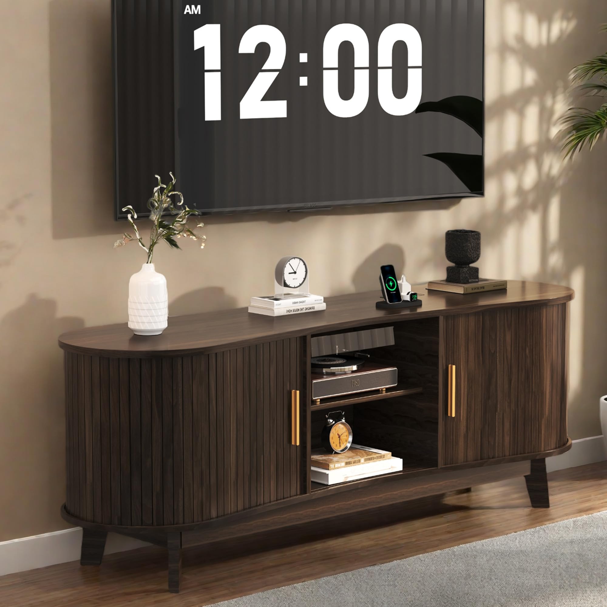 59" Mid-Century TV Stand with Sliding Doors & Power Outlets