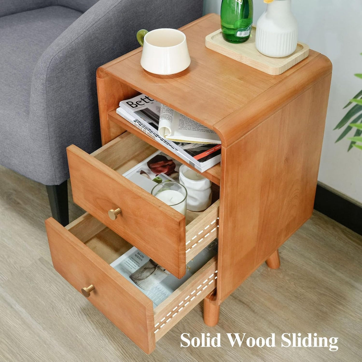 Solid Wood 2-Drawer Nightstand