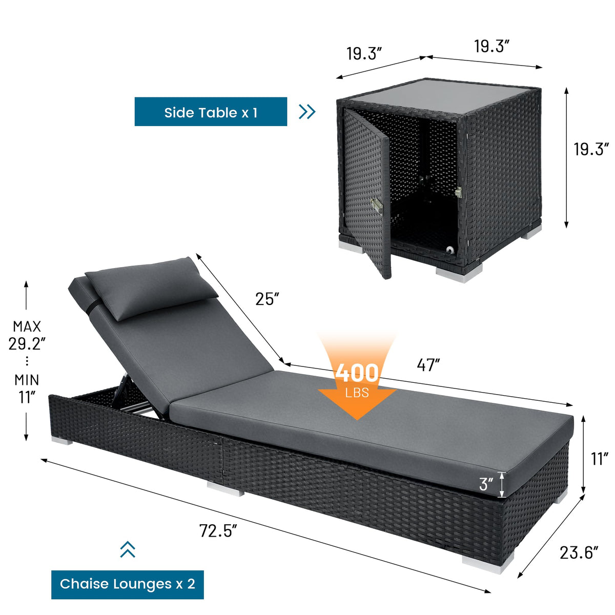 Outdoor Chaise Lounge Set with Storage Table
