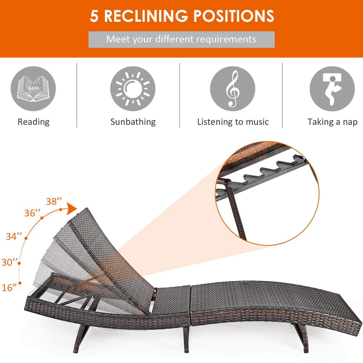 COSTWAY Patio PE Rattan Lounge Chairs, Folding Outdoor Chaise Lounge