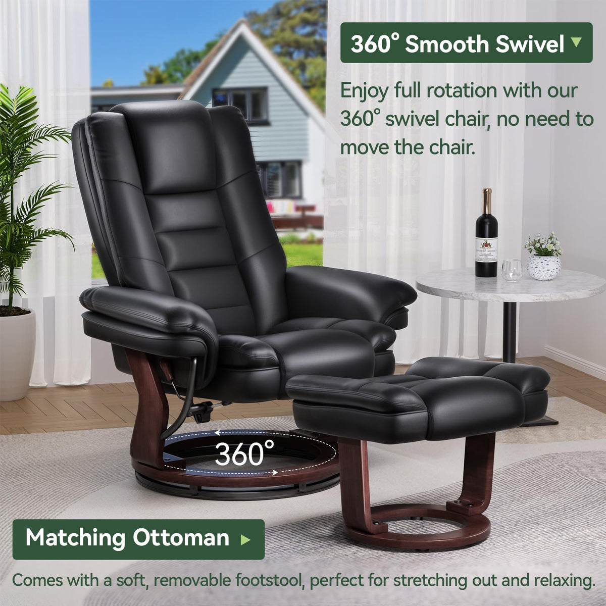 Swivel Recliner Chair with Ottoman, Adjustable PU Leather Recliner, Black